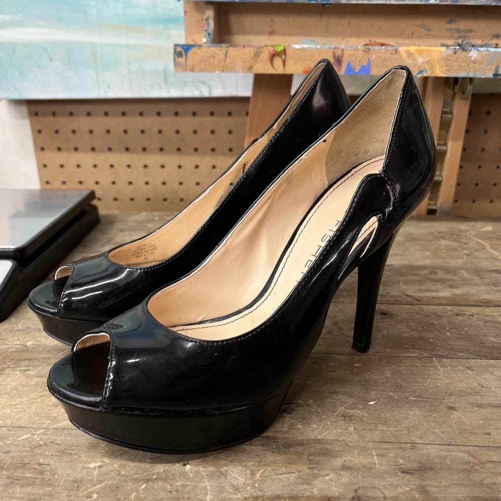 Marc Fisher Tumble 3 Black Patent Peep Toe Heels Women's Size 8